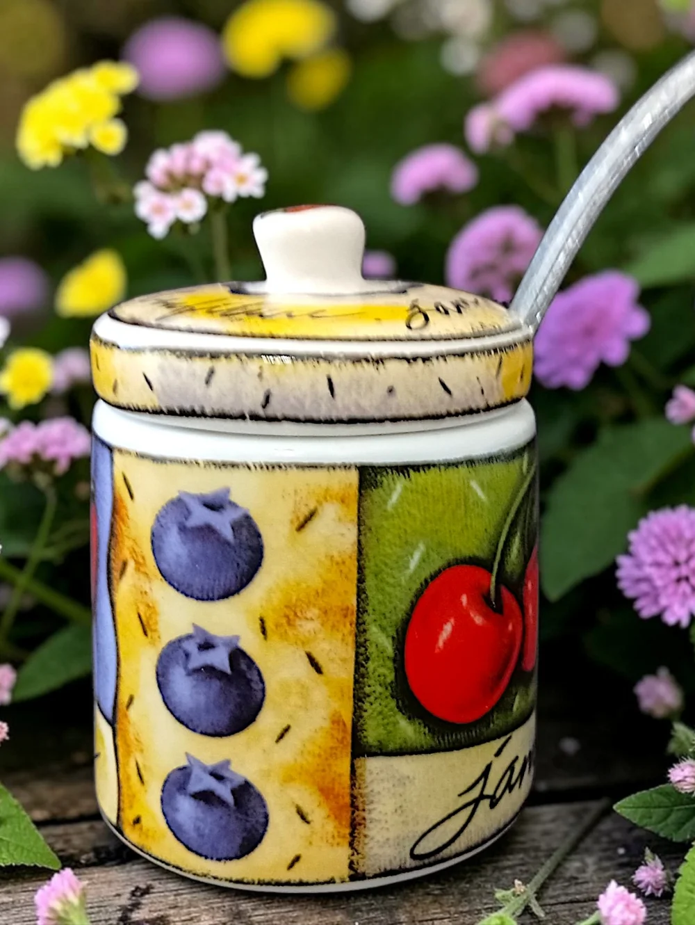 Vintage MSC Joie De‎ Vivre Ceramic Jam Jelly Jar Lid Spoon Fruit Confiture Pot